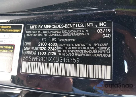 2019 Mercedes-Benz C 300 from USA, damaged, VIN 55SWF8DBXKU315359